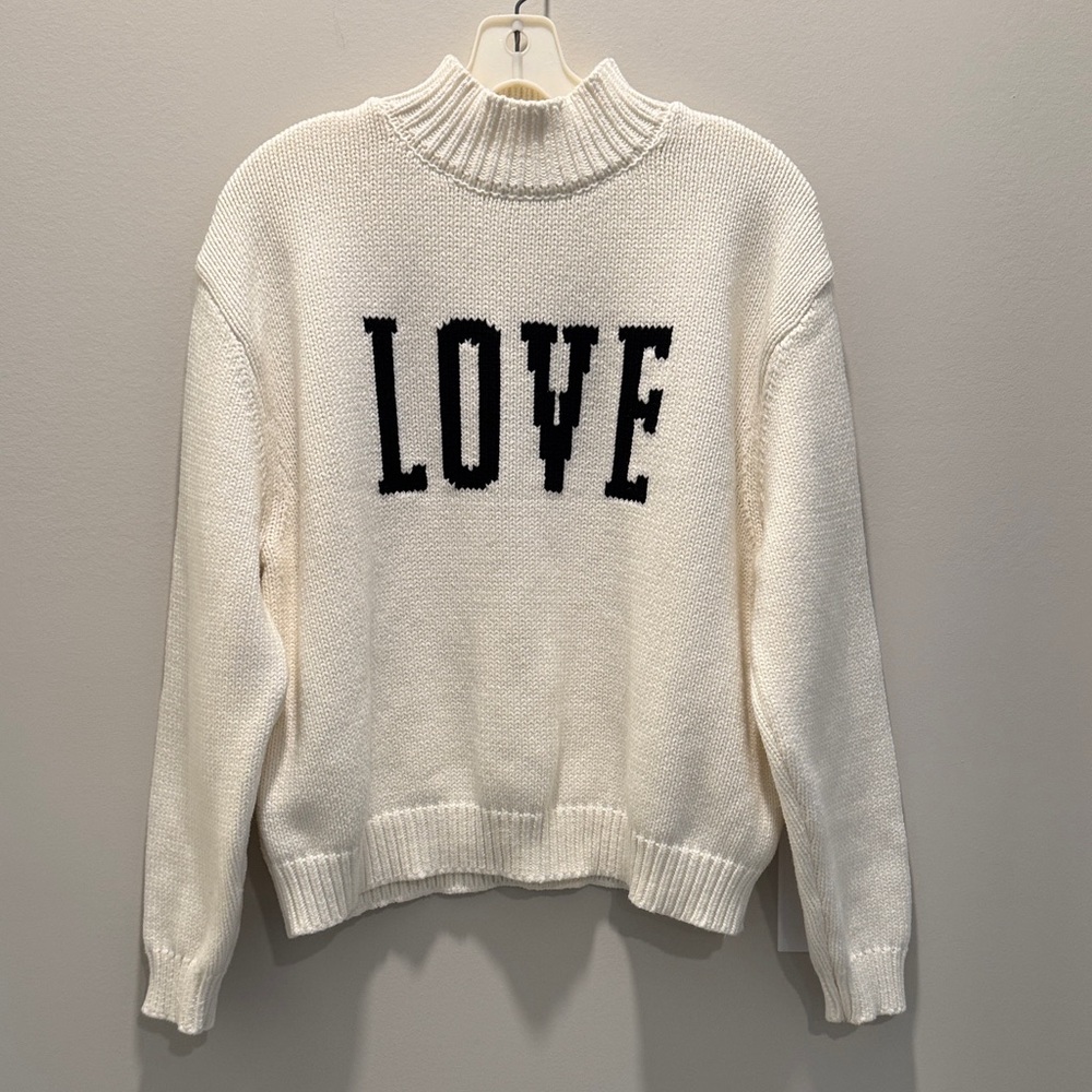 Z Supply Cream Turtleneck Sweater with Black LOVE Design